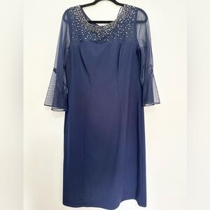 ALEX EVENINGS Stretch Crepe Beaded Illusion Round Neck 3/4 Bell Sleeve Dress